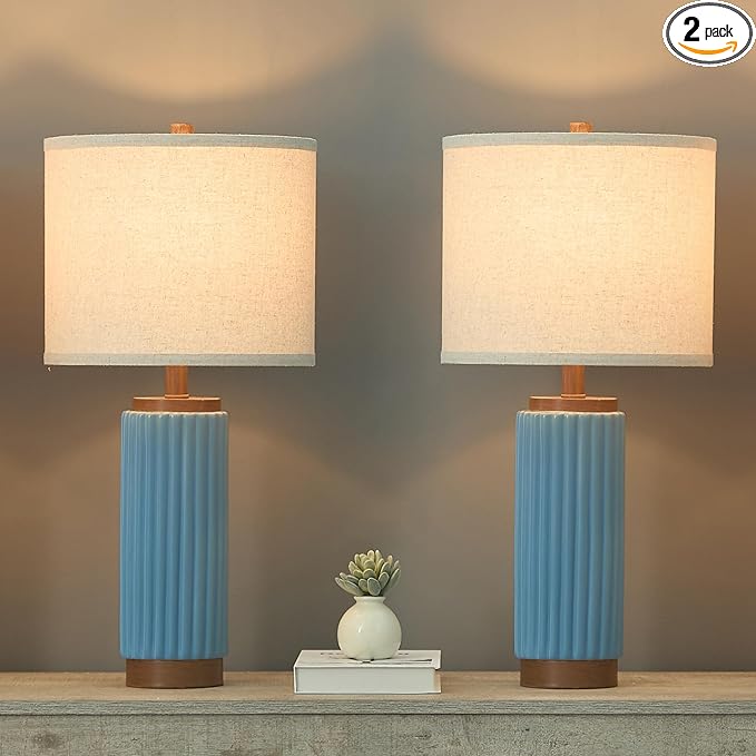 Ceramic Table Lamp Set of 2, 25" Modern Farmhouse Bedside Lamps with Oatmeal Linen Shade & USB A+C Ports, 3-Way Dimmable Nightstand Lamps for Living Room, Bedroom, Dining Room