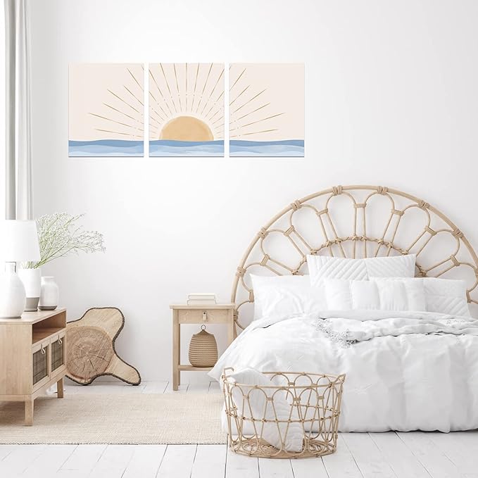 Boho Wall Art Set of 3, Neutral Geometric Sun Rising on the Sea Minimalist Art Framed Canvas Prints Artwork, Mid Century Modern Boho Sun Wall Art Decor for Bathroom, Bedroom, Living Room, Office