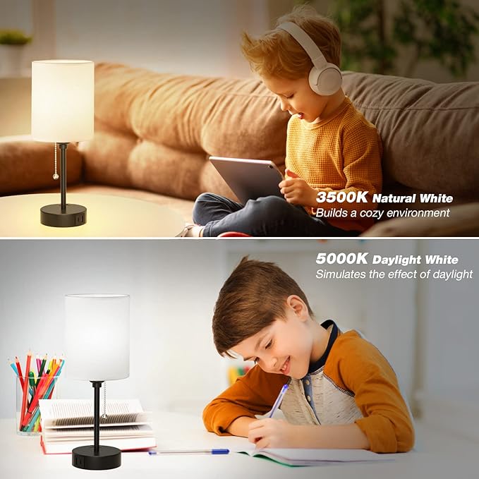Bedside Table lamp for Bedroom Set of 2-3 Color Temperatures Small Lamps with USB C and A Ports, Pull Chain Table Lamps with AC Outlet, White Nightstand Lamps with Black Metal Base for Kids Reading