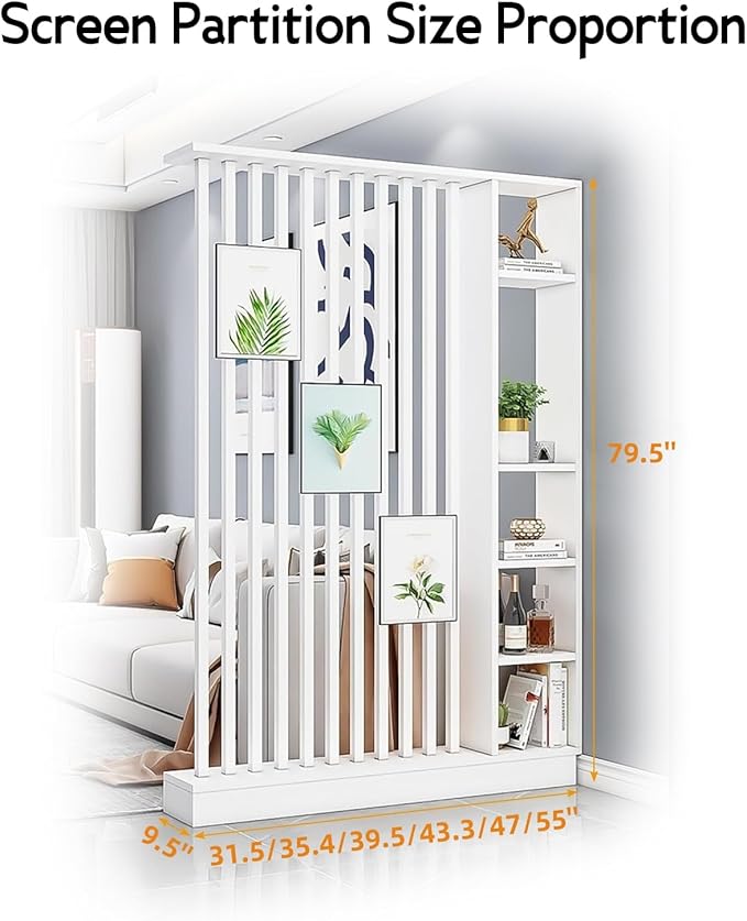 Wall Room Divider, Storage Cabinet Storage Display with Shelves, Modern Freestanding Wood Room Divider Screen, Wall Privacy Screens for Home Decorative (White,35.4" L x 9.5" W x 79.5" H)