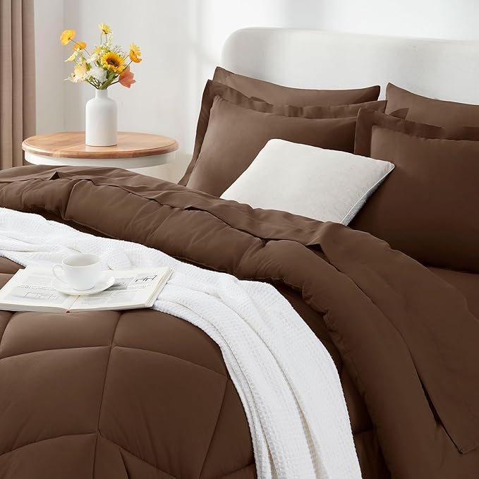 CozyLux Queen Comforter Set Brown - Bed in a Bag Queen Size 7 Pieces, Luxury Soft Bed Set for All Seasons, Bedding Set with Down Alternative Comforter, Sheets, Pillowcases & Shams