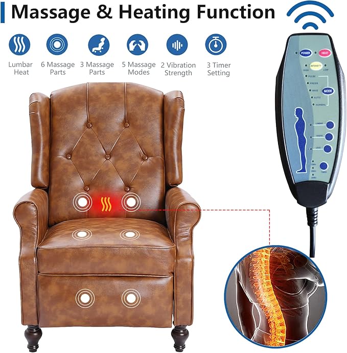 Wingback Recliner Chair with Massage and Heat Tufted PU Leather Push Back Recliner Chair for Living Room Vintage Wingback Chair with Remote Control, Padded Cushion, Backrest, Wooden Legs