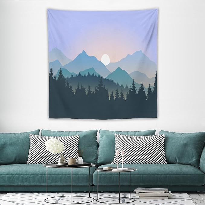 HZOHNAGO Mountain Tapestry Forest Mountain Sunrise Pattern Printed Wall Tapestry Wall Hanging for Bedroom Living Room Dorm 60" W x 60" H