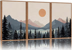 Tinonedraw Boho Mountain Framed Canvas Wall Art Set of 3, Watercolor Nature Landscape Art Prints, Modern Sunrise Art Paintings, Black Pines Tree Forest Wall Decor for Living Room Bedroom Office 16"x24"x3