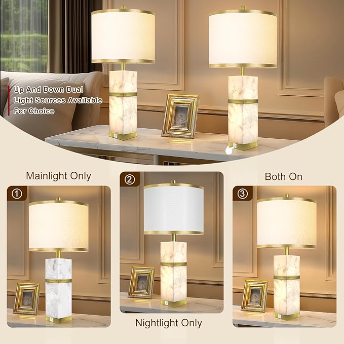 Natural Alabaster Table Lamps Set of 2 - Table Lamp with Night Light for Bedroom,Nightstand Lamps with USB Ports,Bedside Lamps with Linen Fabric Shade for Living Room,Bedroom,Office,Bar(Bulb Included)