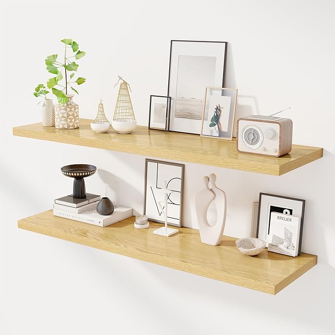 Dreamland 48" Floating Shelves for Wall, 12" Deep Slim Oak Floating Shelves, Wall-Mounted Shelves for Bedroom, Living Room, Kitchen, Bathroom - Set of 2