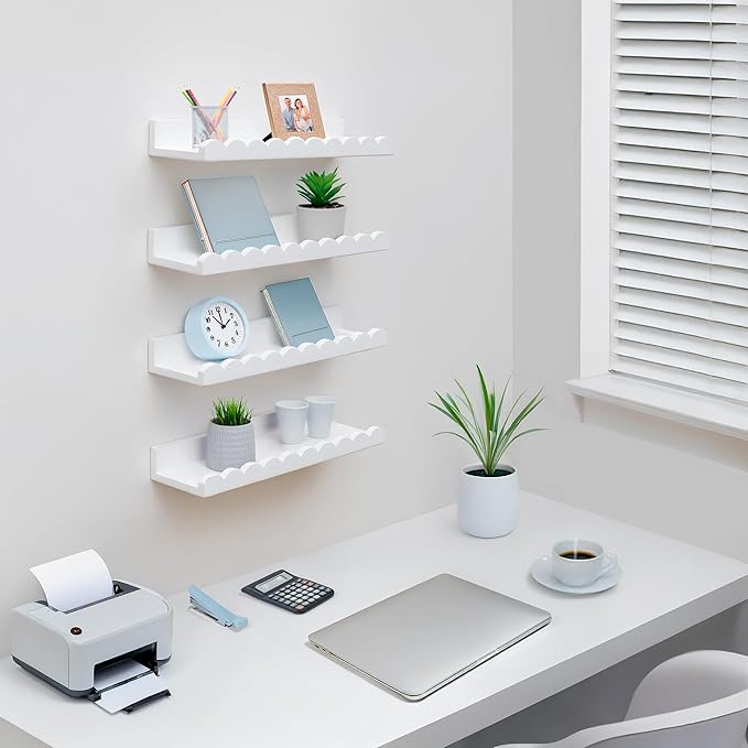 Scalloped Shelves - Set of 4 Pre-Assembled 15.6inch White Floating Nursery Book Shelves, Scalloped Book Shelf - Kids Wall Decor, Nursery Decor, Floating Shelves for Wall