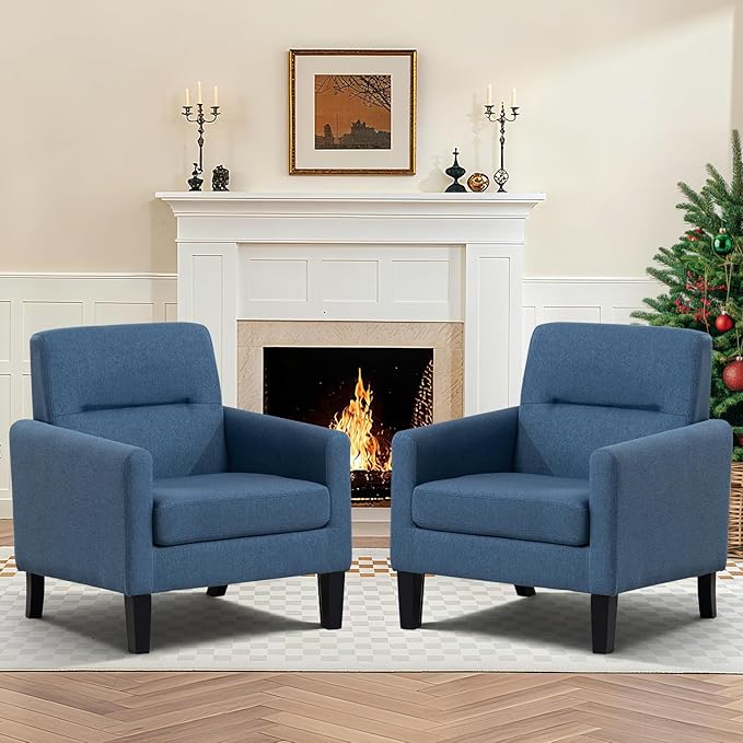 Accent Chairs Set of 2, Mid Century Modern Living Room Chairs Comfy Reading Chair with Upholstered Cushion Relax Armchair for Bedroom Apartment,Office,Blue