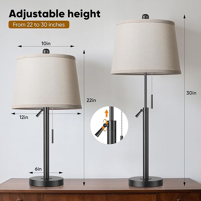 PARTPHONER Bedside Lamps Set of 2, Tall Table Lamps for Living Room, Height Adjustable Nightstand Lamps for Bedroom Office, Modern End Table Lamps with Pull Chain(LED Bulbs Included), Black