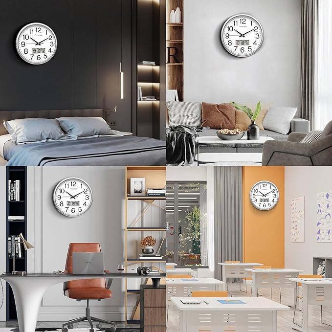 Wall Clock, 16 Inch Non-Ticking Silent Battery Operated Quartz Analog with LCD Display for Perpetual Calendar and F° Temperature, Ideal Modern Home, Bedroom, Kitchen, Office Décor (Sliver)