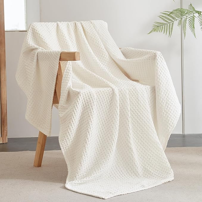 PHF Ultra Soft Waffle Weave Throw Blanket 50"x 60"- Washed Lightweight Breathable Cozy Woven Blanket for Bed - Aesthetic Decor for Couch Bedding Sofa Home Car - Coconut White