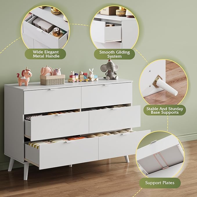 WLIVE 6 Drawer Dresser for Bedroom, 47.24'' Wide Wood White Dresser, Storage Organizer with Sturdy Metal Handle, TV Stand for 55 inch TV, Chest of Drawers for Living Room, Hallway, Closet