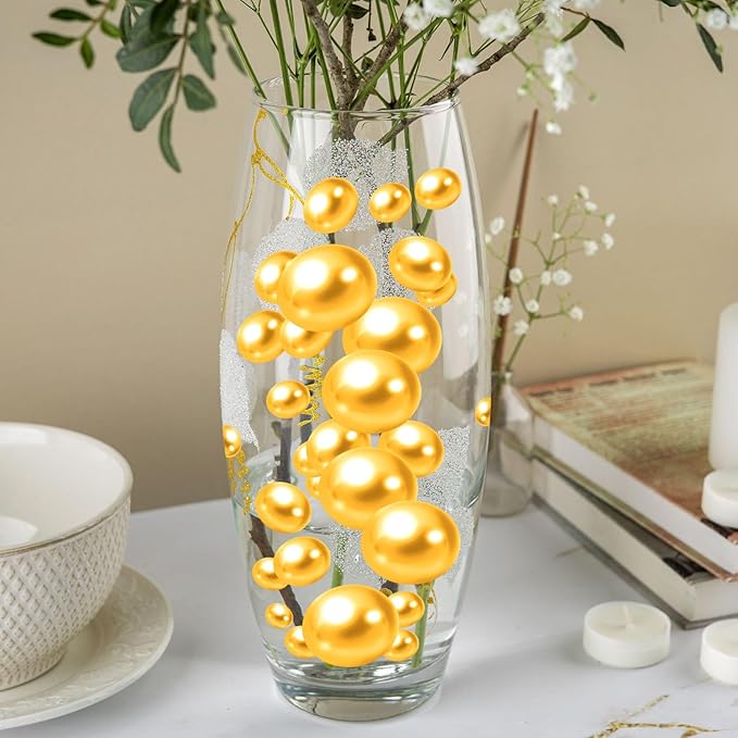 100PCS Golden Yellow Faux Pearls Beads for Centerpiece Vases, Vase Filler Faux Pearls, No Holes Filler Beads for Party Mardi Gras Wedding Table Decor, 14/20/30mm