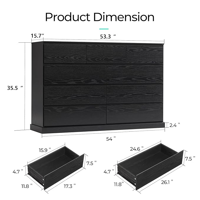 LINSY HOME 9 Drawer Dresser for Bedroom, 53" Wide Chest of Deep Drawers, Modern Farmhouse Wood Dressers with Storage, Large Drawer Organizer for Bedroom, Living Room, Handless Design, Black