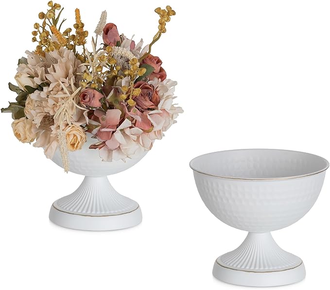 Sziqiqi Urn Vases for Wedding Centrepiece - 6in High White Metal Vase Set of 2 Small Vintage Flower Arrangement Pots for Table Centrepieces Elegant Hammered Vase for Christmas Anniversary Party