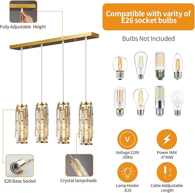 LMQNINE 4 Light Gold Pendant Lighting Modern Pendant Light, Mini Crystal Chandeliers,Adjustable Pendant Light Fixture for Kitchen Island Dinning Room Bedroom(Gold 4-Light)