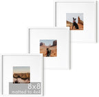 HAUS AND HUES 8x8 White Metal Picture Frames Matted to 4x4 - Features Premium Aluminum, Shatterproof Plexiglass - Ideal for Home, Room, Office (8x8 in, White, Set of 3)