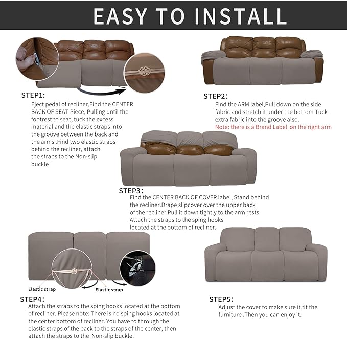 Easy-Going 8 Pieces Recliner Sofa Stretch Sofa Slipcover Sofa Cover Furniture Protector Couch Soft with Elastic Bottom Kids, Spandex Jacquard Fabric Small Checks Taupe