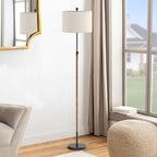 Farmhouse Rattan Floor Lamp for Living Room, Adjustable Height:65"-70" Black Standing Lamp, Boho Tall Skinny Pole Light with Oatmeal Shade for Bedroom Office