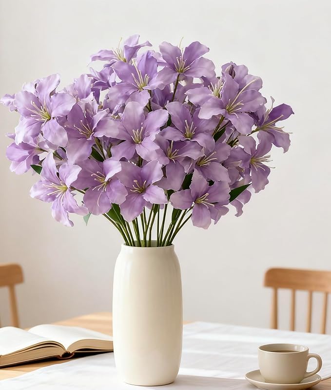 10-Bud Artificial Lily Flowers, 4 Pcs Fake Outdoor Flowers, UV Resistant Faux Flowers for Outdoor Planters, Silk Flowers for Wedding Decoration (Purple)