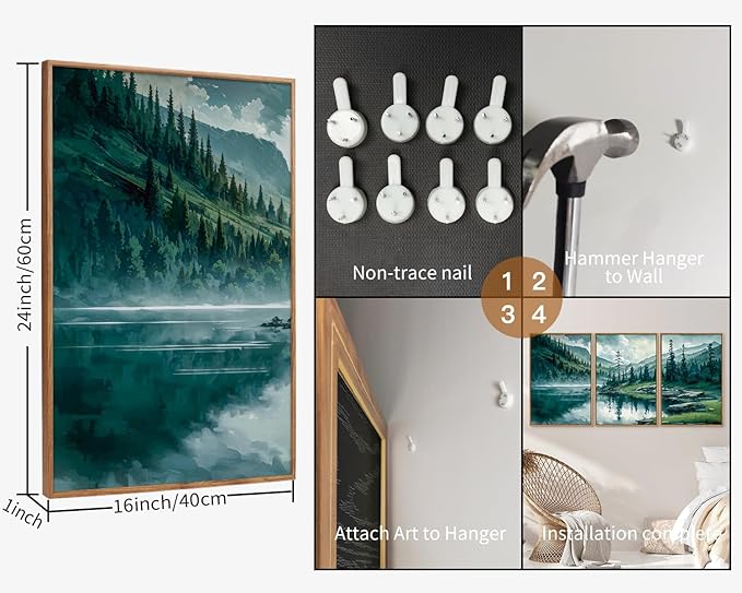 Tinonedraw Large Nature Forest Framed Canvas Wall Art Set, Boho Mountains Calming Lake Wall Decor, Green Pine Trees Artwork, Northern Wilderness Art Painting for Living Room Bedroom Office 16"x24"x3