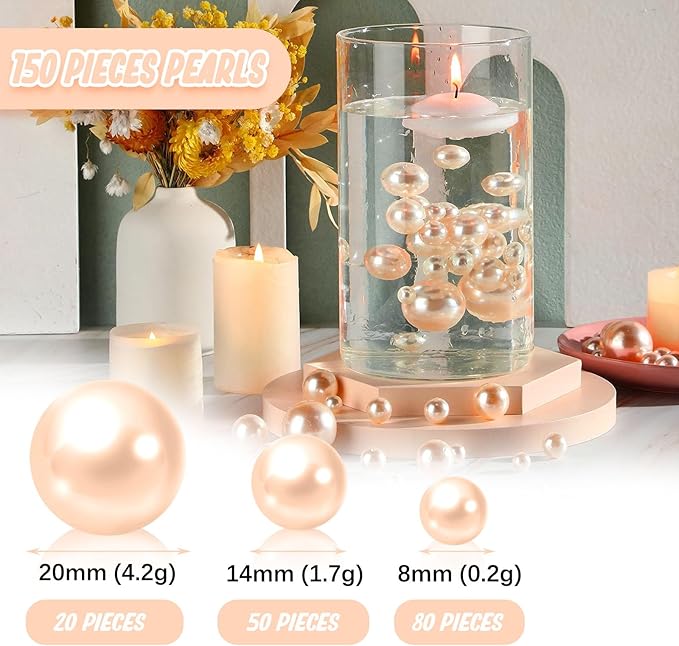 Light Champagne Vase Filler | 150PCS Pearls Bead for Centerpieces Vases | 8/14/20 mm No Hole Beads, Fake Pearls for Wedding Birthday Theme Party Table Centerpieces Decor