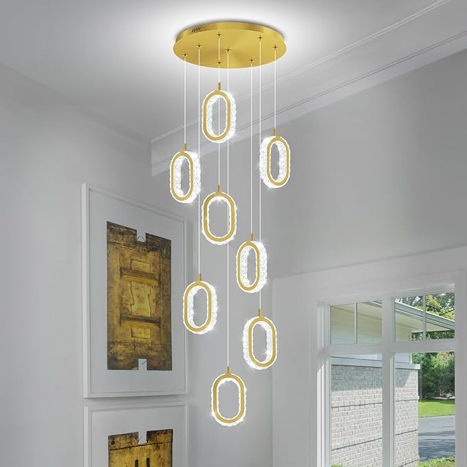 Gold 8 Rings Crystal Chandelier for Foyer Stairwell High Ceiling Chandelier Dimmable Oval Crystal Ring Pendant Light