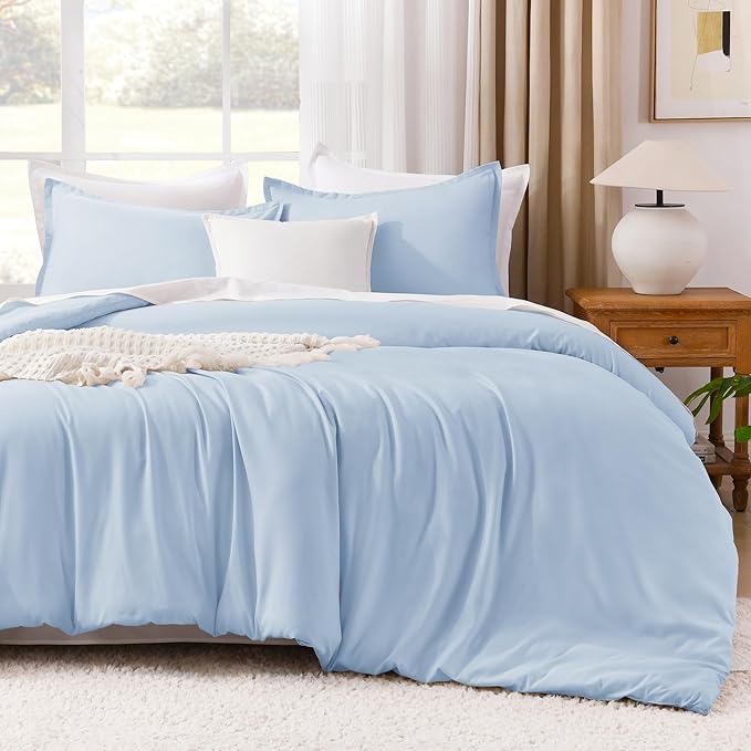 Litanika Comforters Light Blue Full Size, 3 Pieces Lightweight Solid Bedding Comforter Set, All Season Fluffy Bed Set (79x90In Comforter & 2 Pillowcases)