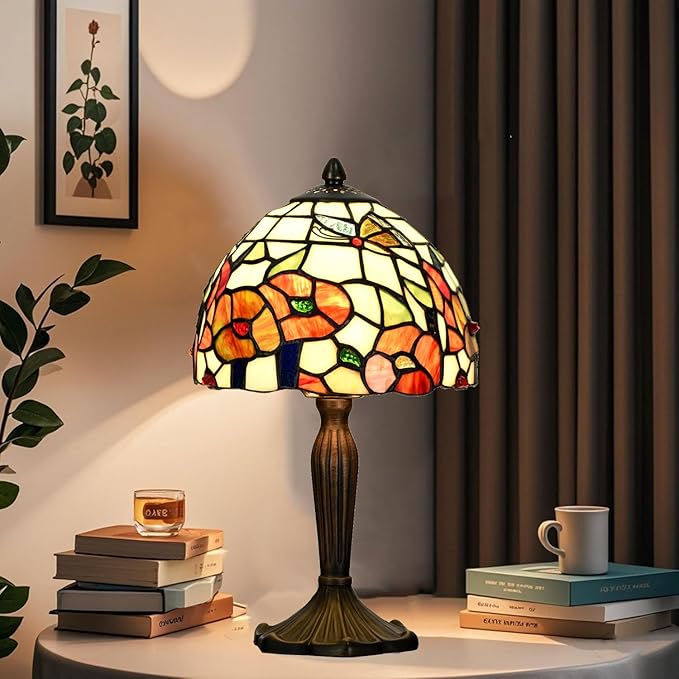 TL0029 Tiffany Style Table Lamp Stained Glass Floral Shade with Bronze Base Vintage Art Deco Desk Light for Bedroom Living Room Decor (Blossom)