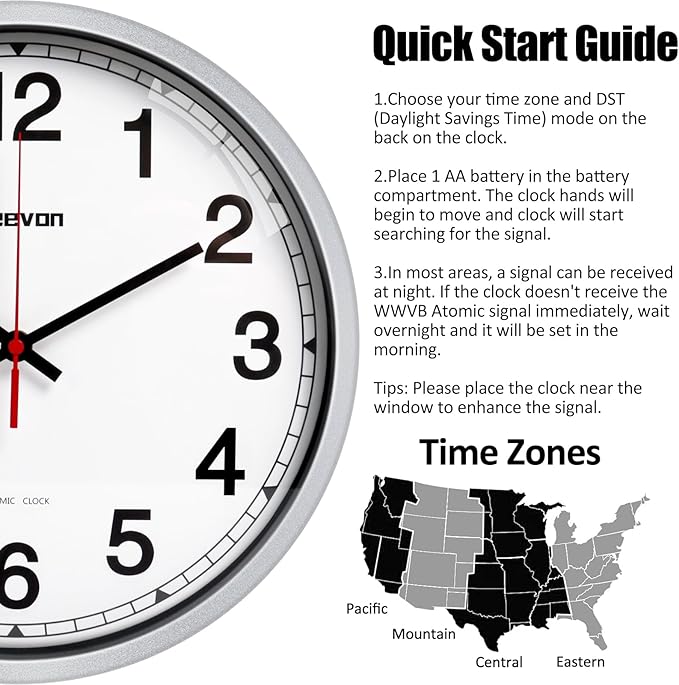 Geevon Atomic Wall Clock 14 Inch, Atomic Analog Wall Clocks Battery Operated, Large Digits Automatic Clock for Kitchen/School/Classroom/Bedroom/Living Room (Silver Frame)