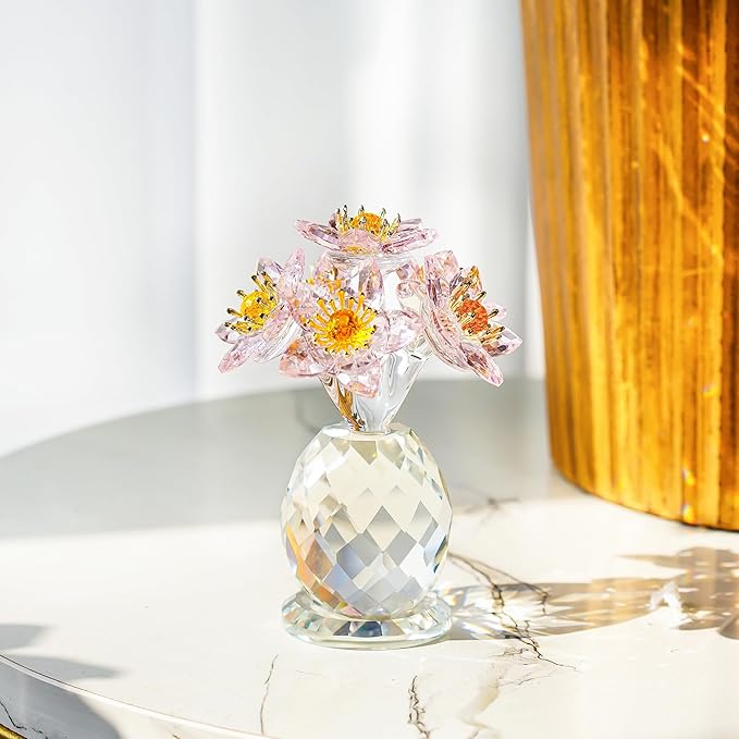 Pink Crystal Flower Ornament with Base Flower Figurine Collections Glass Flowers Bouquet Gift for Women Crystal Christmas Decoration for Home
