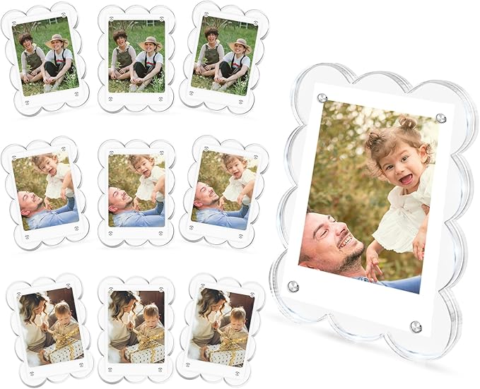 10 Pack 3x4 Acrylic Polaroid Magnets Picture Frame for Refrigerator, Scalloped Clear Frames for Instax Photo, Wallet Size Mini Frame for Fridge