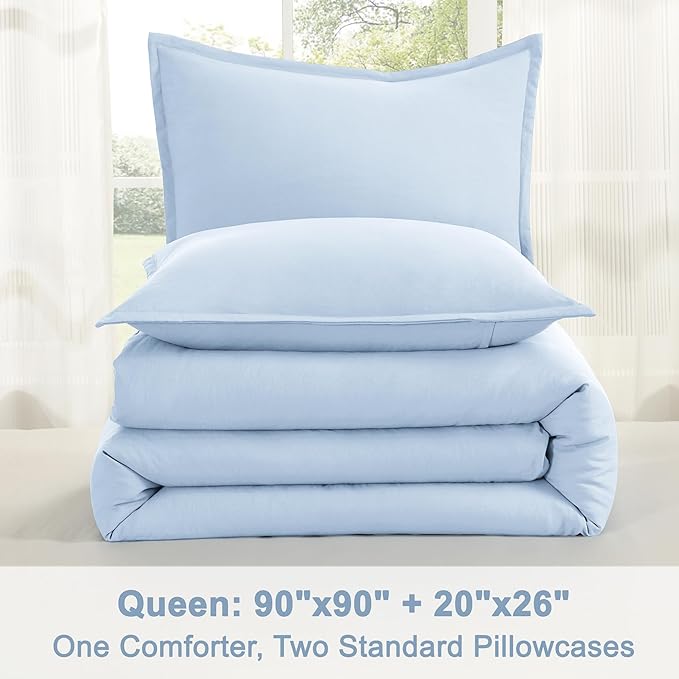 Litanika Comforters Light Blue Queen Size, 3 Pieces Lightweight Solid Bedding Comforter Set, All Season Fluffy Bed Set (90x90In Comforter & 2 Pillowcases)