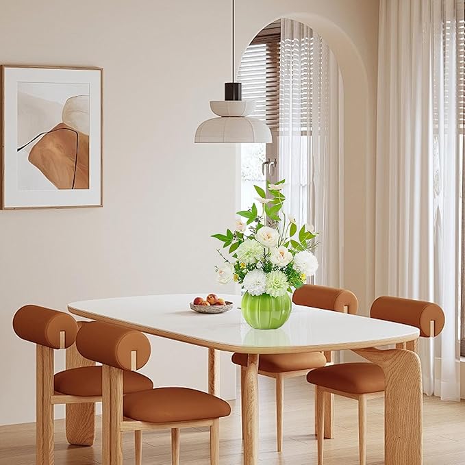 Artificial Flowers, Fake Flowers in Vase, Silk Flowers with Ceramic Vase, Faux Flowers Arrangement for Homes, Restaurants Decoration Dining Table Centerpiece Decor (Green)