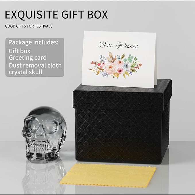 Crystal Halloween Skull Skeleton Decor with Gift Box, Glass Skull Gifts for Men Home Decorations, Art Glass Day of The Dead Skull Halloween Paperweights Collectibles (Black)