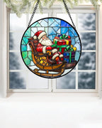 Stained Glass Window Hanging - Santa Claus Gift BoxSuncatcher for Doors Home Christmas Decoration Winter Sun Catcher Thanksgiving New Year Birthday Gift for Women Men Mom Nana 9.8 in