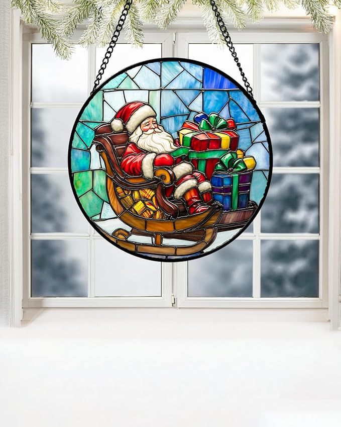 Stained Glass Window Hanging - Santa Claus Gift BoxSuncatcher for Doors Home Christmas Decoration Winter Sun Catcher Thanksgiving New Year Birthday Gift for Women Men Mom Nana 9.8 in