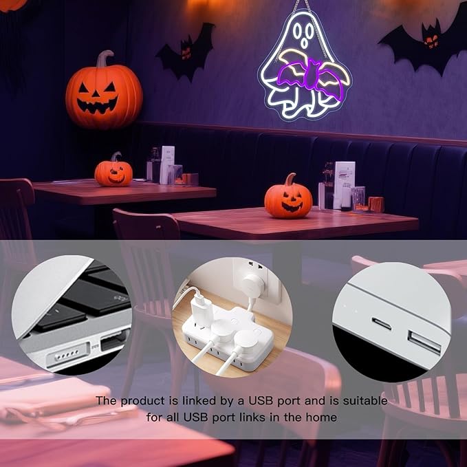 WLHOPE Ghost Bat Halloween Decor Neon Sign Dimmale Neon Lights For Wall Decor Led Lights For Halloween LED Signs Bar Man Cave Club Party Bedroom Game Room Decoration Gifts USB Powered 12.6x15.74in