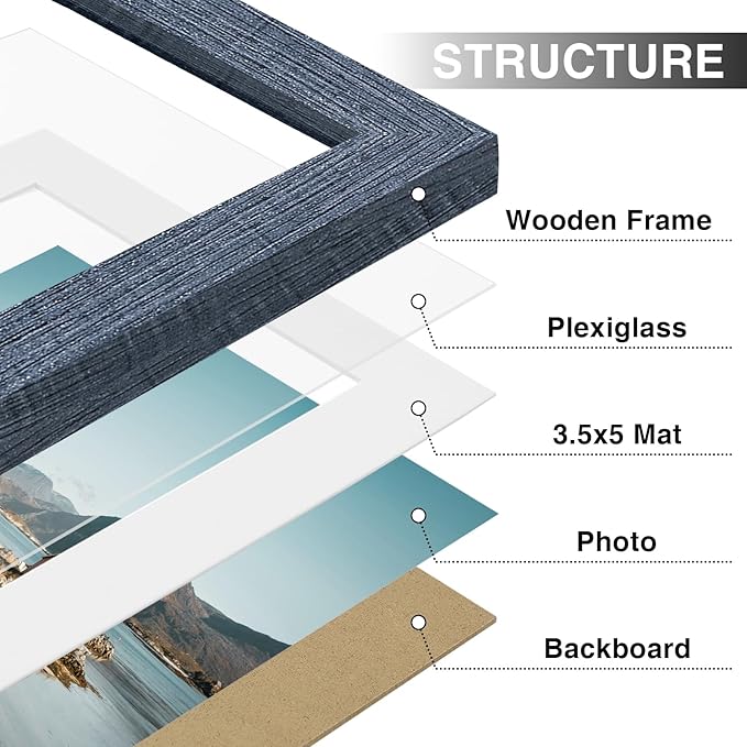 Vittanly 4x6 Picture Frames Set of 9, Shatter Resistant Plexiglass, Display 3.5x5 Pictures with Mat or 4x6 without Mat, Photo Frames for Wall or Tabletop, Engineered Wood, Navy