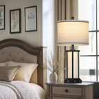 27" Tall Vintage Table Lamp with USB C+A & Outlet,Black Industrial End Table Lamp for Living Room,Farmhouse Rustic Bedside Lamp with Frosted Glass Night Light for Bedroom Nightstand,Black-1P