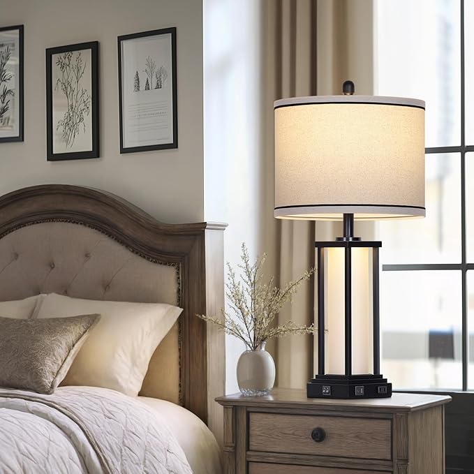 27" Tall Vintage Table Lamp with USB C+A & Outlet,Black Industrial End Table Lamp for Living Room,Farmhouse Rustic Bedside Lamp with Frosted Glass Night Light for Bedroom Nightstand,Black-1P