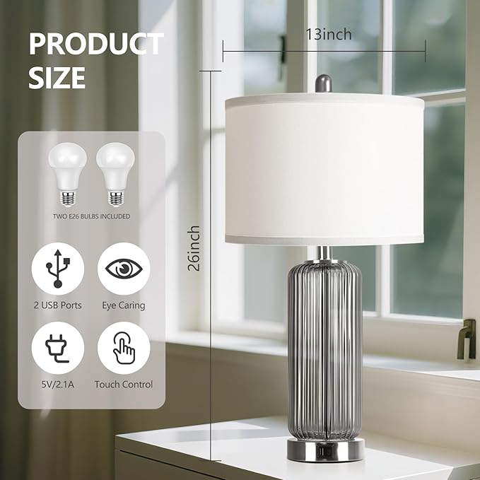 Table Lamps Set of 2 with Touch Control, 3-Way Dimmable Nightstand Lamp with Vertical Grained Glass, Grey Bedside Table Lamps, 27" Modern Glass Bedside Lamps with USB A+C Ports, Desk Lamp for Bedroom