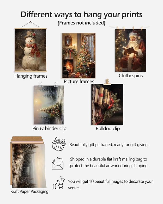 KBKBART Christmas Wall Art Prints Set of 10, Winter Christmas Picture Wall Decor Santa Xmas Tree Forest Canvas Artwork, Snow Scene Street Christmas Aesthetic Posters for Bedroom, Vintage Christmas Holiday Decor - Unframed