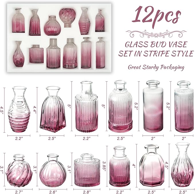 Bud Vases Set of 12, Small Purple Vase Glass Vases for Flowers Vintage Ribbed Colored Wedding Flower Vase for Decor in Bulk Decor Bridal Shower Centerpieces Home Table Decoration