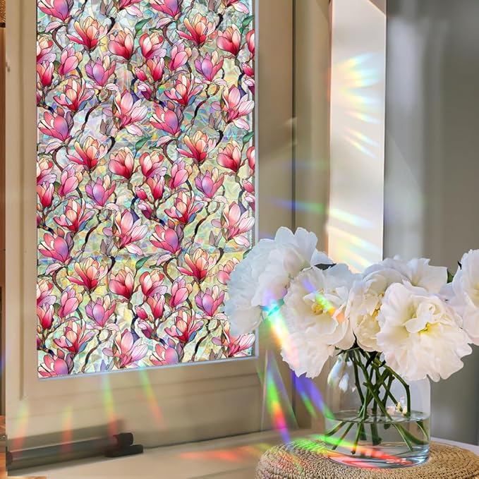 Window Film, Decorative Pink Magnolia Stained Static Glass Window Clings Stickers for Home Office Living Room Bedroom Glass Windows Door Decor 16.93 x 39.37 Inches