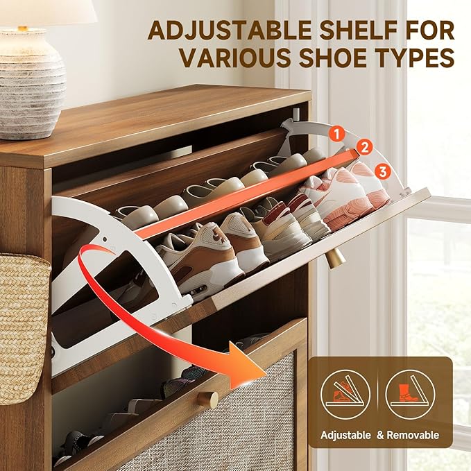 Nicetree Freestanding Ultra Slim Fluted Accent Shoe Storage Cabinet for Entryway - 3 Flip Drawers & 3-Tier Adjustable Shelves, Farmhouse Modern Rustic Shoe Rack for Hallway, Foyer