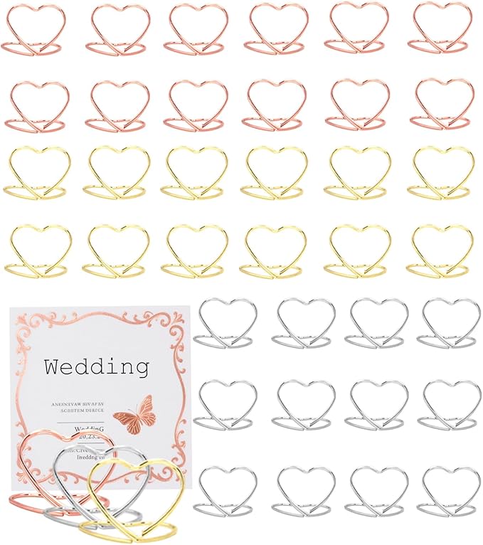 36 Pcs Heart & Table Number Holders - Rust-Resistant Metal Place Card Stands for Weddings, Office & Home Decor(Multicolor)