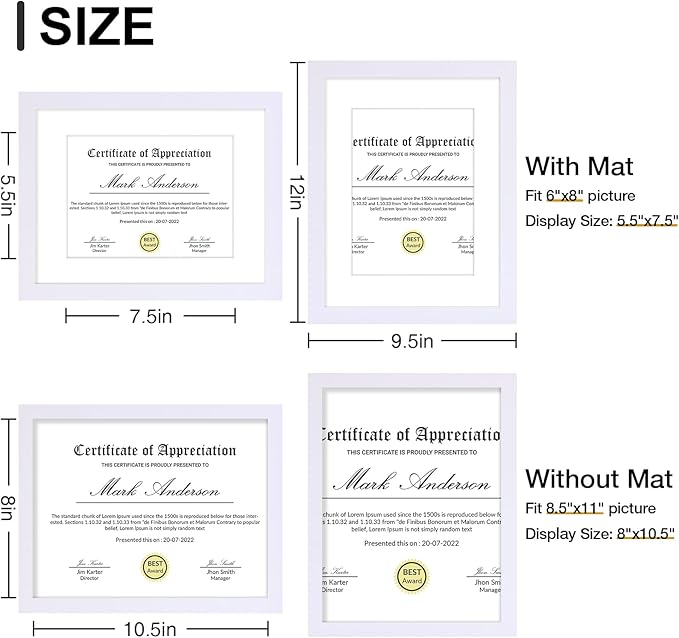 Vittanly 8.5x11 Picture Frames Set of 9, Shatter Resistant Plexiglass, Display 6x8 Pictures with Mat or 8.5x11 without Mat, Photo Frames for Wall or Tabletop, Engineered Wood, White