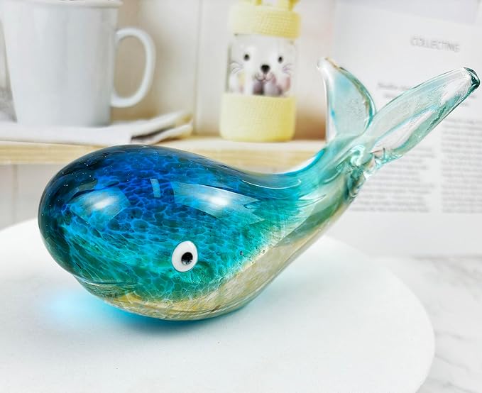 Crystal Whale Figurine Hand Blown Glass Whale Statue Collectibles Art Glass Sea Animal Paperweight Home Table Decor Gift Colorful 5.1''