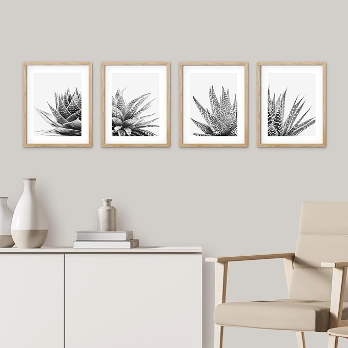 SIGNWIN Framed Black White Snake Plant Agave Cactus Succulent Wall Art, Set of 4 Floral Botanical Wall Decor Prints, Nature Wilderness Wall Décor for Living Room, Bedroom - 12"x16" Natural
